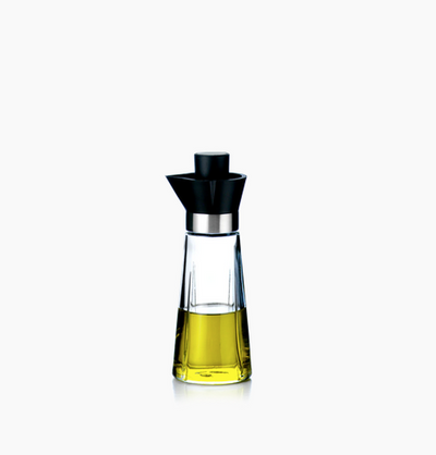 Rosendahl Grand Cru oil and vinegar bottles, elegant glass accessories with black caps, designed for kitchen and table use.
