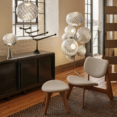 Slab Lounge Chair by Tom Dixon in natural wood with Kvadrat Elle Boucle upholstery, modern seating design.
