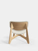 Natural wood Slab Lounge Chair by Tom Dixon with Kvadrat Elle Bouclé upholstery, showcasing modern seating design.
