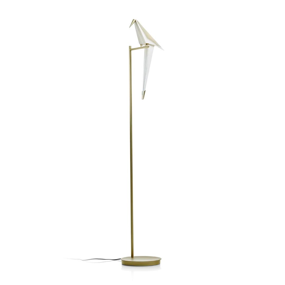 Modern Moooi Perch Floor Light with sleek, curved design and white finish standing on a wooden floor.