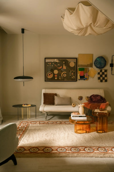 Nazar wool rug by Lorena Canals featuring a geometric eye motif in neutral tones
