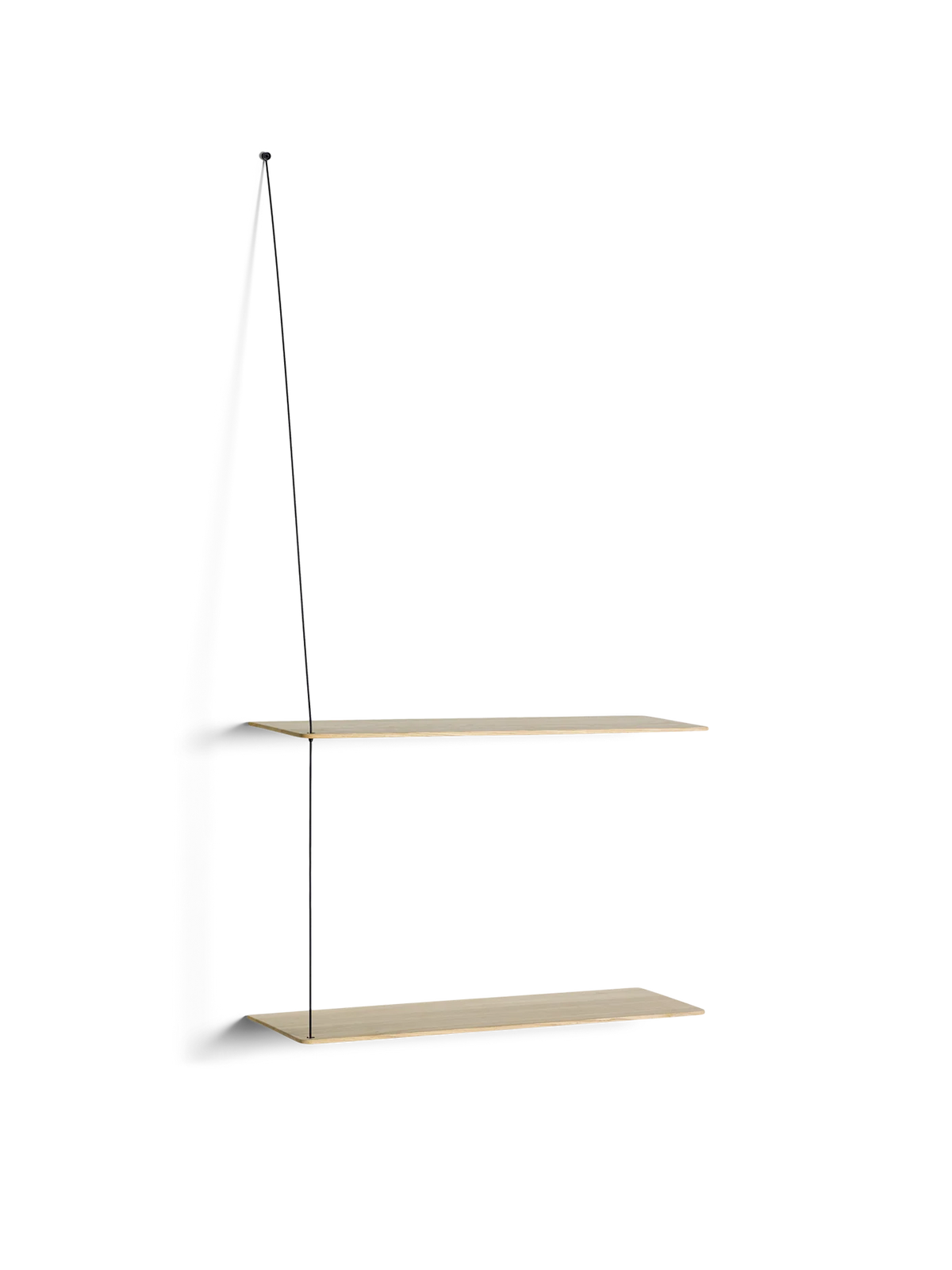 Woud Stedge floating storage shelf with two oak wood shelves and black metal brackets, designed for modern interior decor.