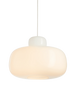 Large stone pendant with glass shade by Woud, modern lighting fixture showcasing textured stone and clear glass design.