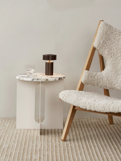 Auro Copenhagen Androgyne Side Table in ivory marble with crystal rose finish, 40cm diameter, modern tabletop design.