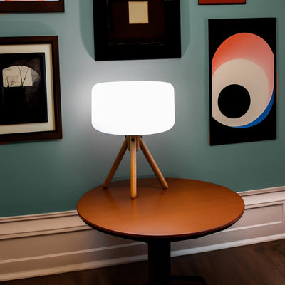 Chloe Table and Floor Lamp by Newgarden, modern lighting with sleek design, featuring a glowing RGB solar-powered light source.