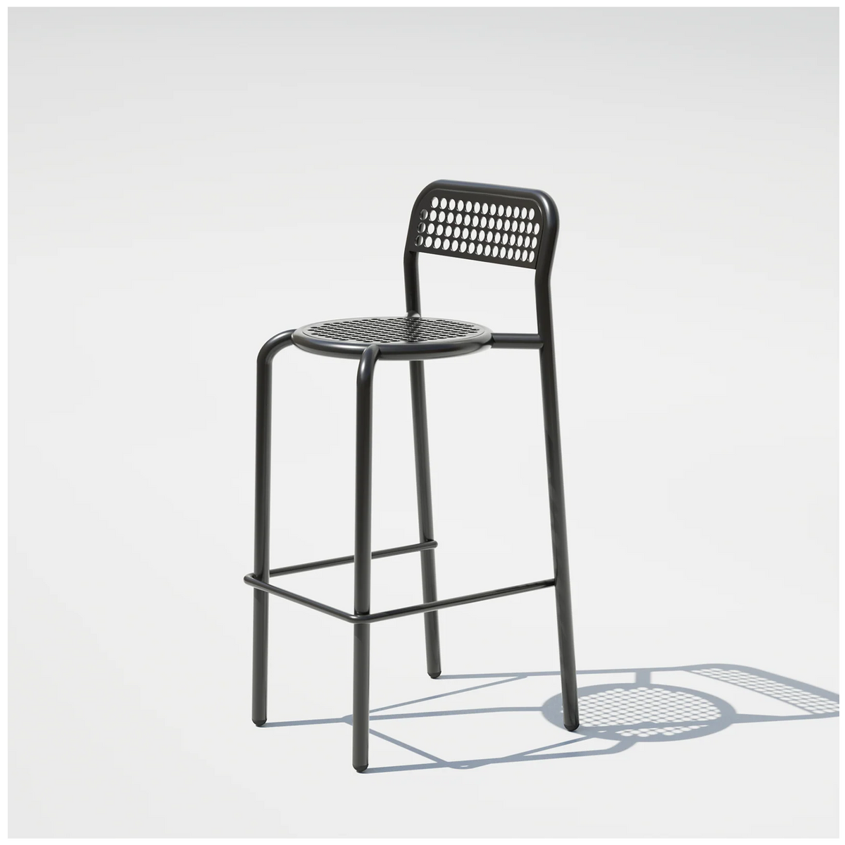 Black Coffee House Barstool by Bend Goods with sleek metal frame and cushioned seat, perfect for modern seating areas.
