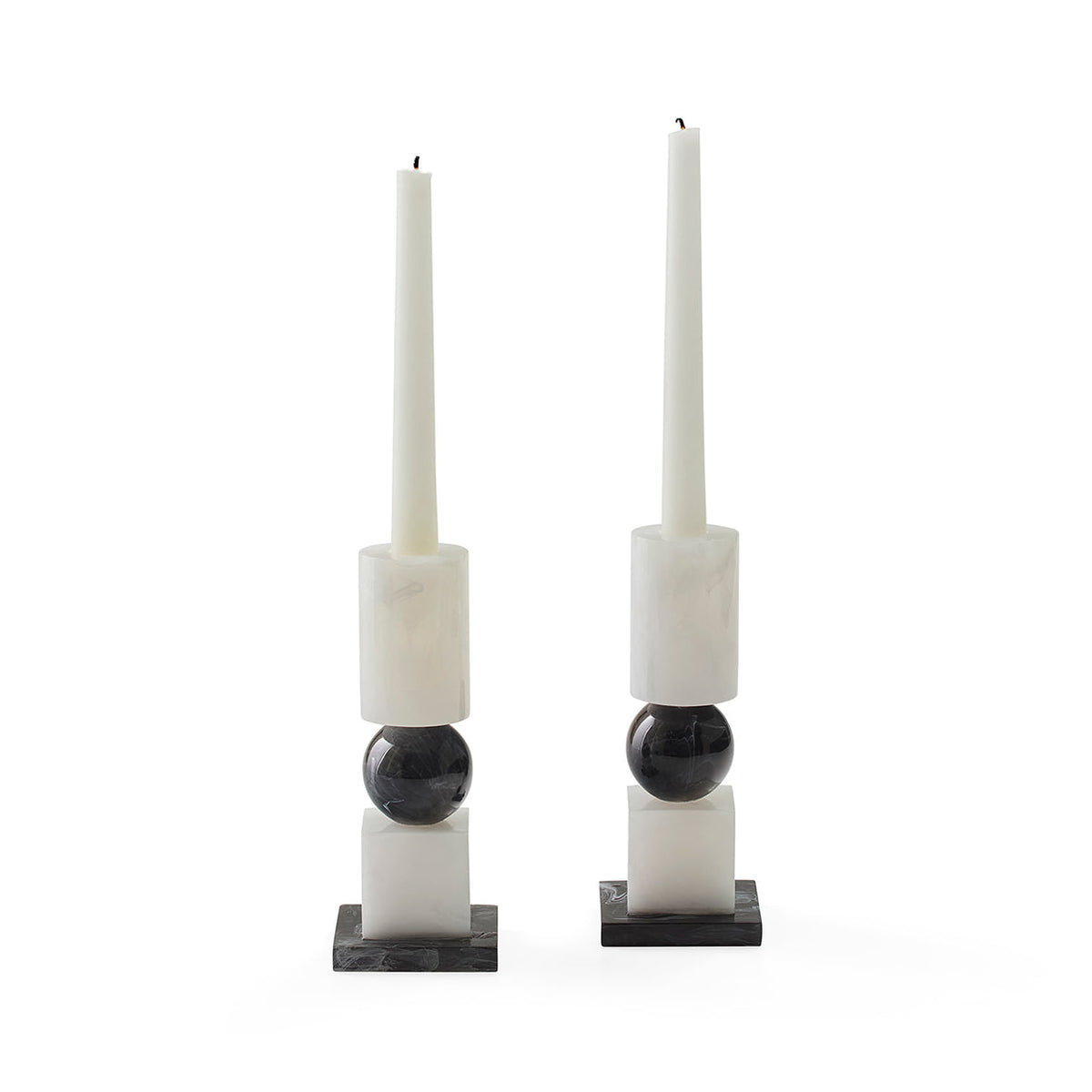 Set of Jonathan Adler Como Candlesticks, elegant accessories with sleek, modern design in a neutral finish.