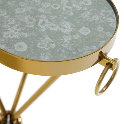 Jonathan Adler Delphine Drinks Table featuring a sleek, modern design with a glass top and gold-tone metal base.
