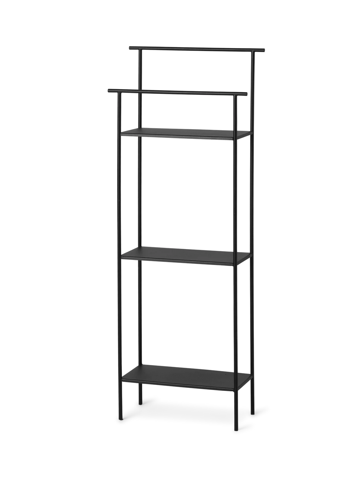 Black Ferm Living Dora shelving unit with open compartments, modern accessories storage for living spaces.