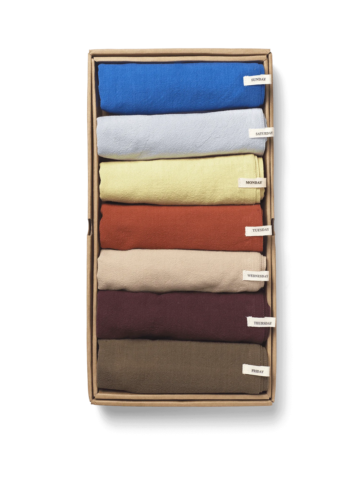 Set of 7 Ferm Living Day Tea Towels featuring calm, minimalist designs, perfect as kitchen accessories.