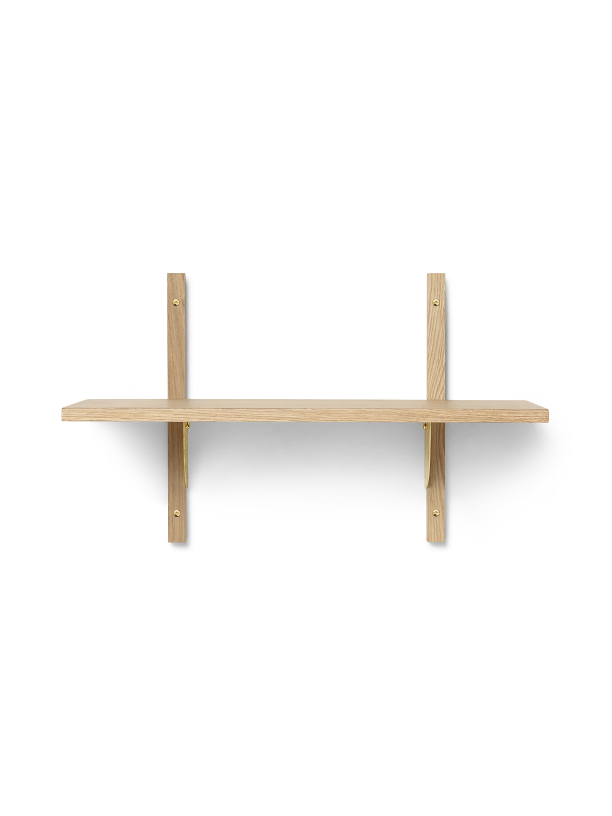 Ferm Living Sector Shelf in smoked oak with brass accents, single narrow storage shelf mounted on a wall.