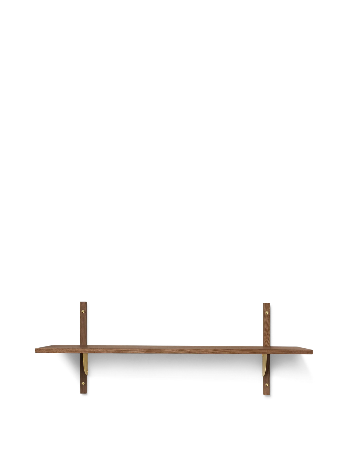 Ferm Living Sector Shelf in smoked oak with brass accents, single wide storage shelf for modern home organization.