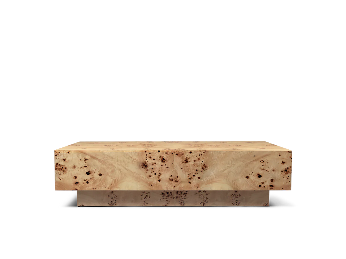 Ferm Living Burl Coffee Table featuring a round wooden top and sleek metal legs, modern and stylish living room accent piece.