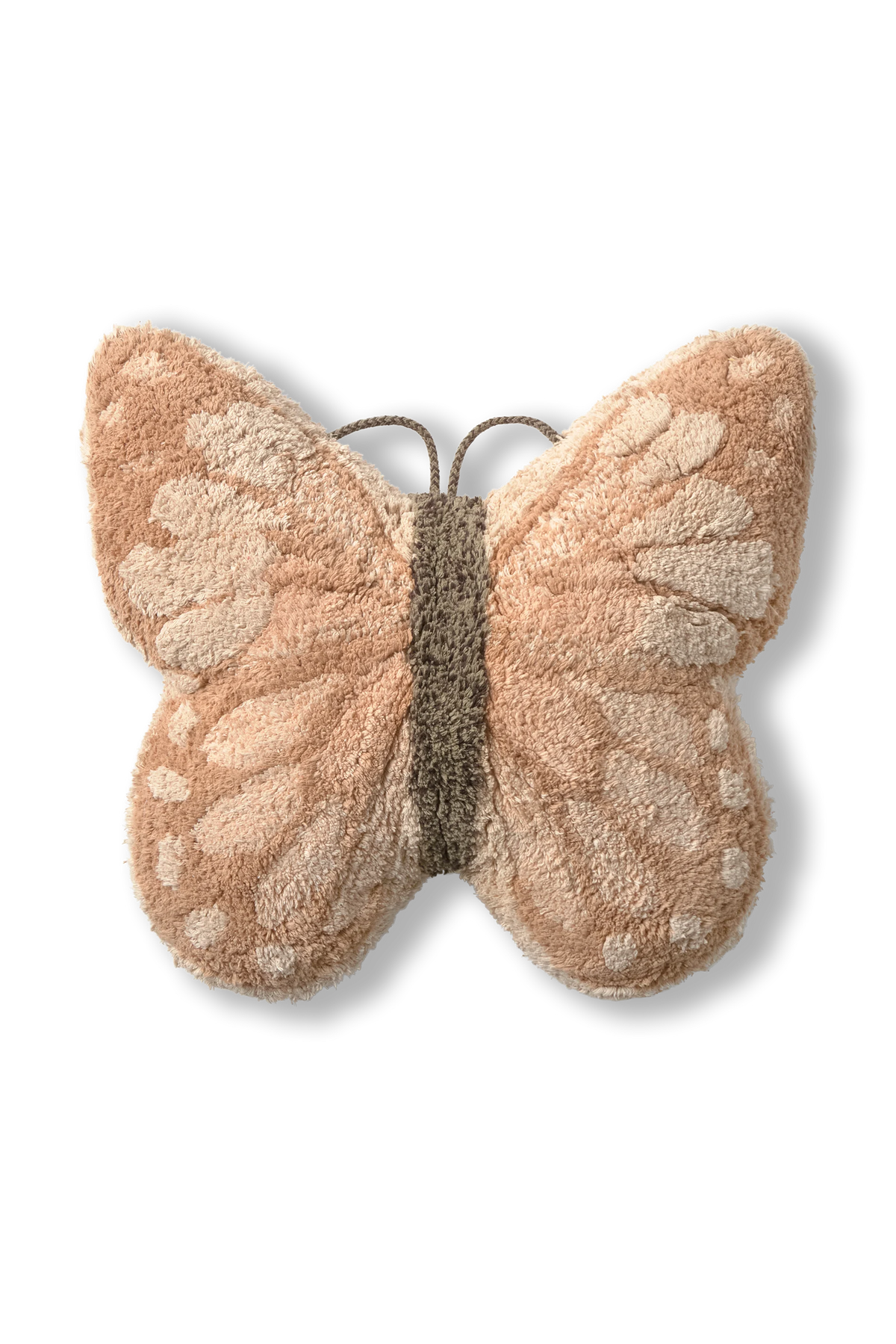 Kids butterfly floor cushion by Lorena Canals featuring a colorful butterfly design on soft fabric.