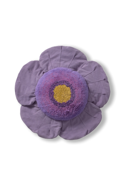 Kids purple Poppy floor cushion by Lorena Canals featuring soft fabric and vibrant floral design for cozy seating.