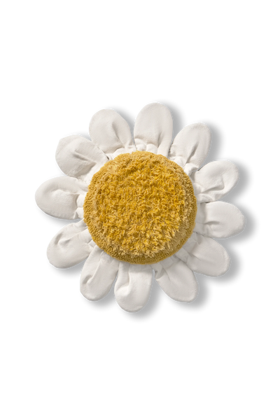 White Daisy kids floor cushion by Lorena Canals featuring a soft, round design with a white fabric and daisy pattern.