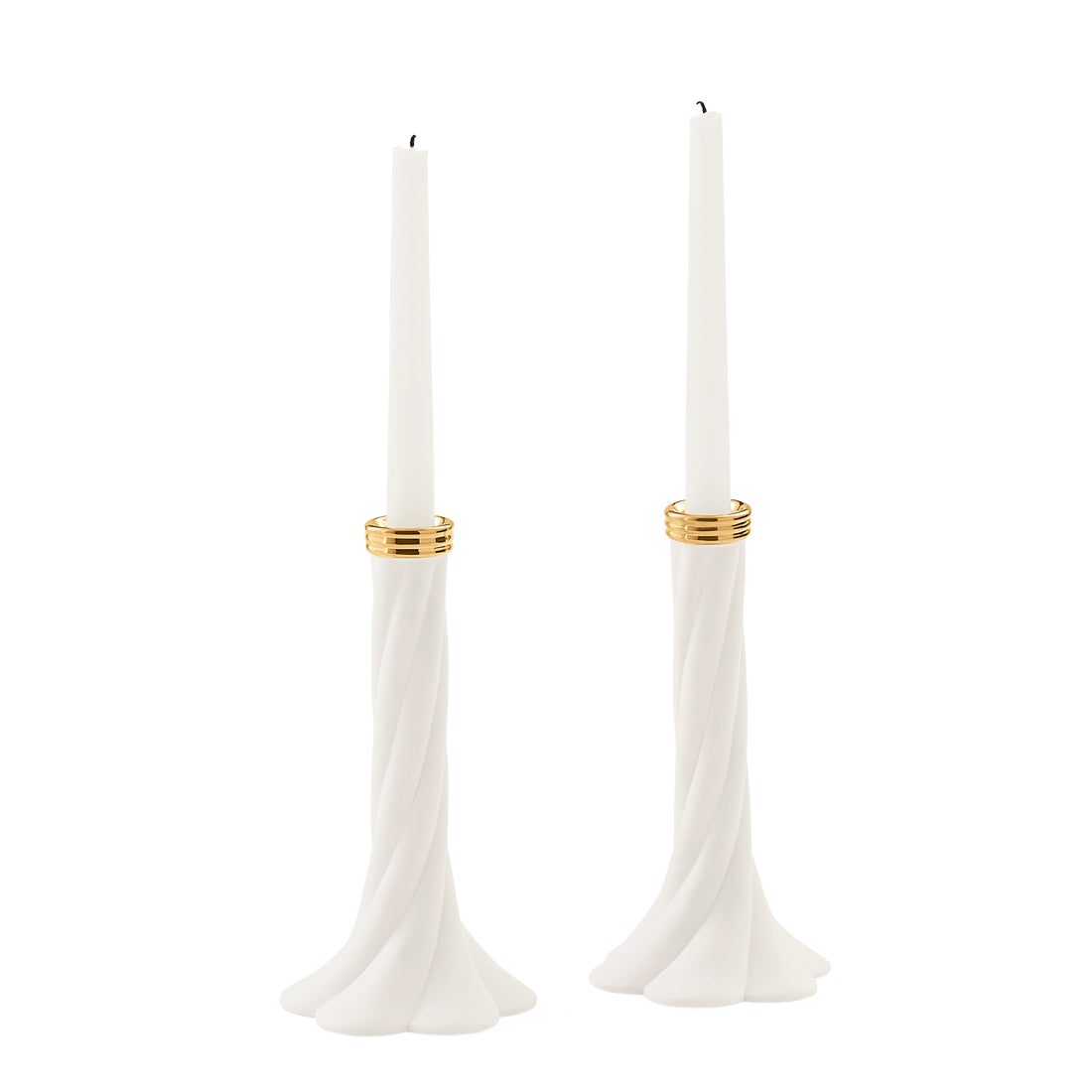 Set of Geneva tall candle holders by Jonathan Adler featuring sleek, modern accessories with a stylish metallic finish.
