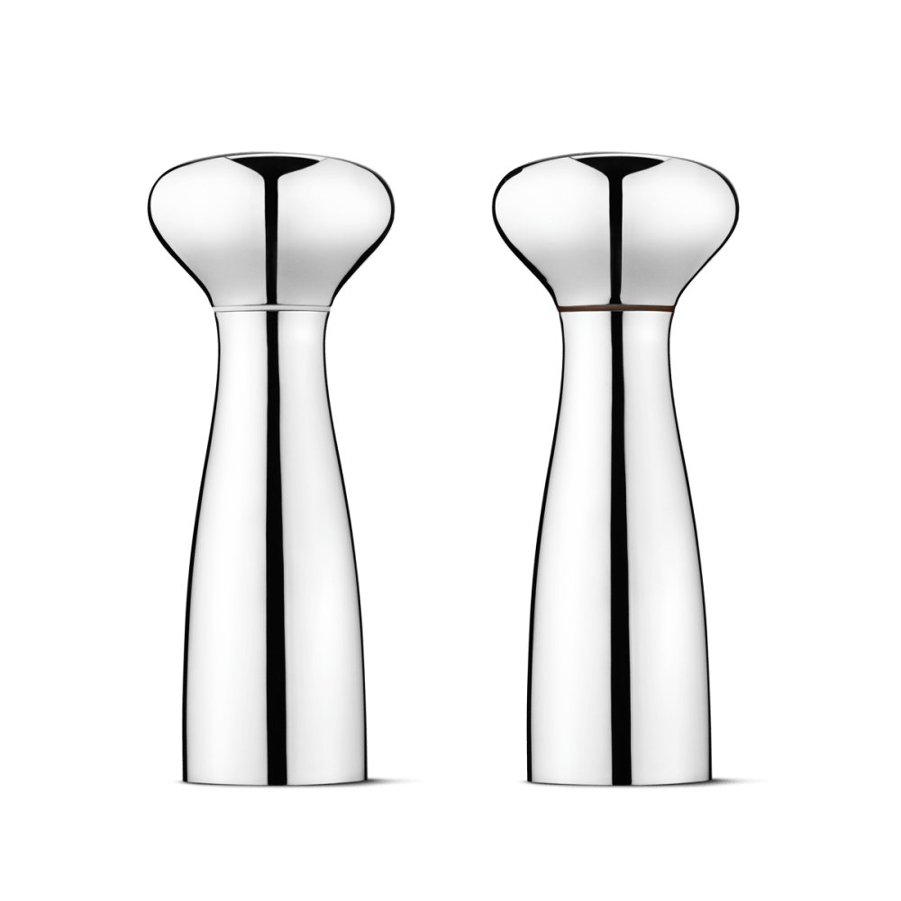 Alfredo salt and pepper accessories by Georg Jensen, sleek stainless steel design for modern table setting.