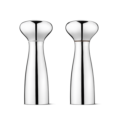 Alfredo salt and pepper accessories by Georg Jensen, sleek stainless steel design for modern table setting.