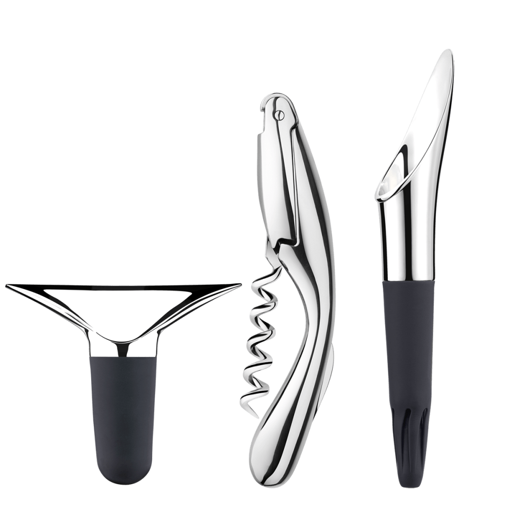 Georg Jensen wine accessories including a corkscrew, stopper, and pourer, made of sleek metal with elegant design.