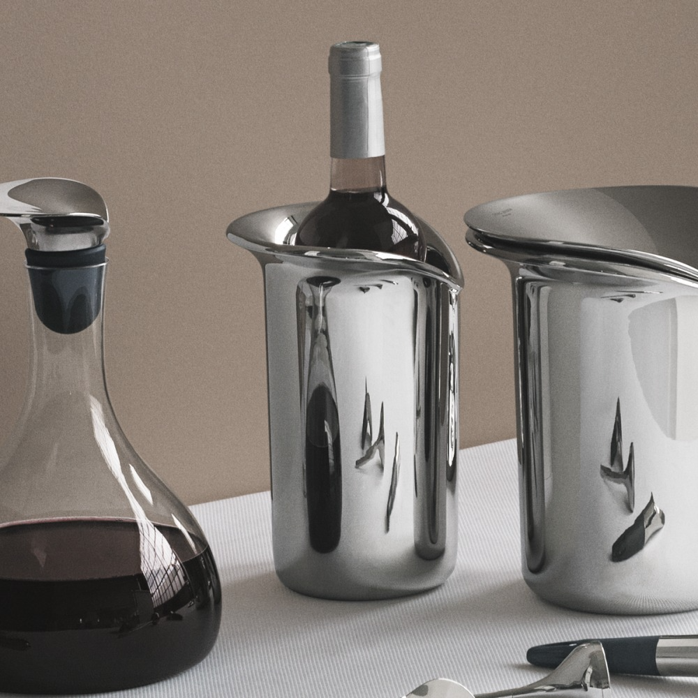 Georg Jensen Wine & Bar wine cooler, elegant accessories for chilling wine, made of sleek, modern design with stainless steel finish.
