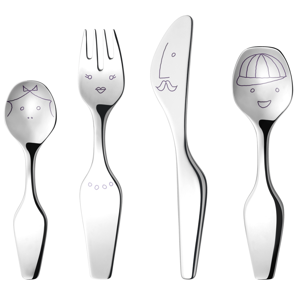 Kids Alfredo The Twist cutlery set by Georg Jensen, featuring colorful child-friendly forks, knives, and spoons with playful design.