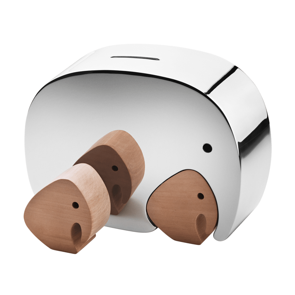 Kids' Moneyphant Twins by Georg Jensen, silver children's piggy bank featuring two playful elephant figures in a sleek design.