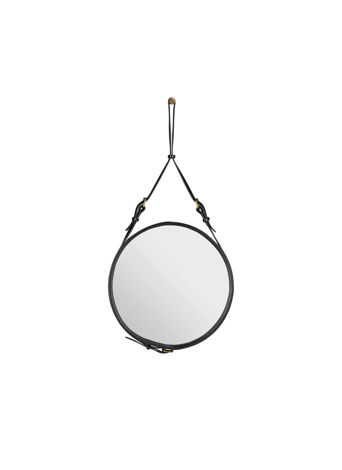 Black leather circular Adnet Wall Mirror by Gubi, featuring a sleek modern design and wall mounting details.