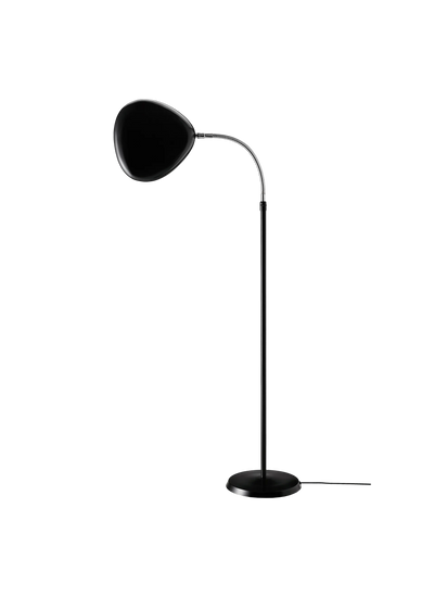 Black Cobra Floor Lamp by Gubi featuring a sleek, modern design with a curved arm and adjustable shade for stylish lighting.
