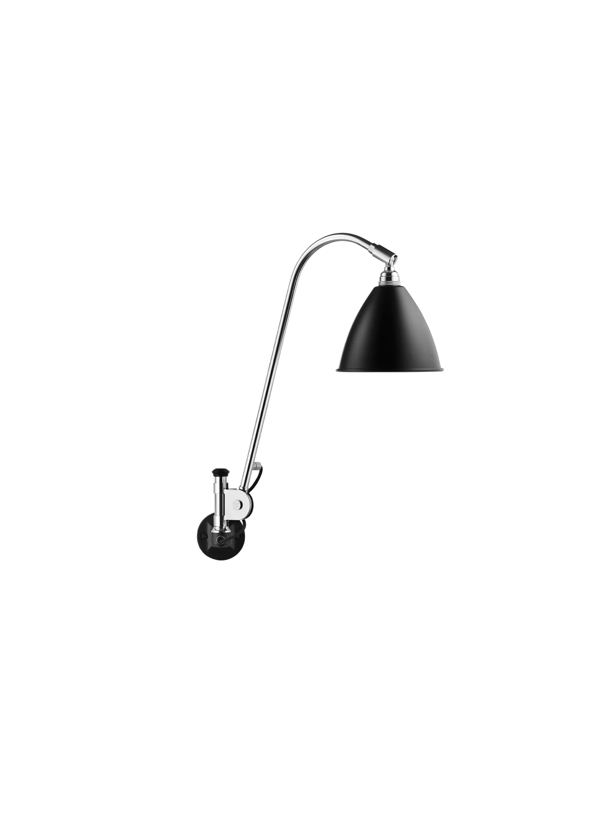 Gubi Bestlite BL6 wall lamp in black with semi-matt chrome finish, modern lighting fixture mounted on a wall.