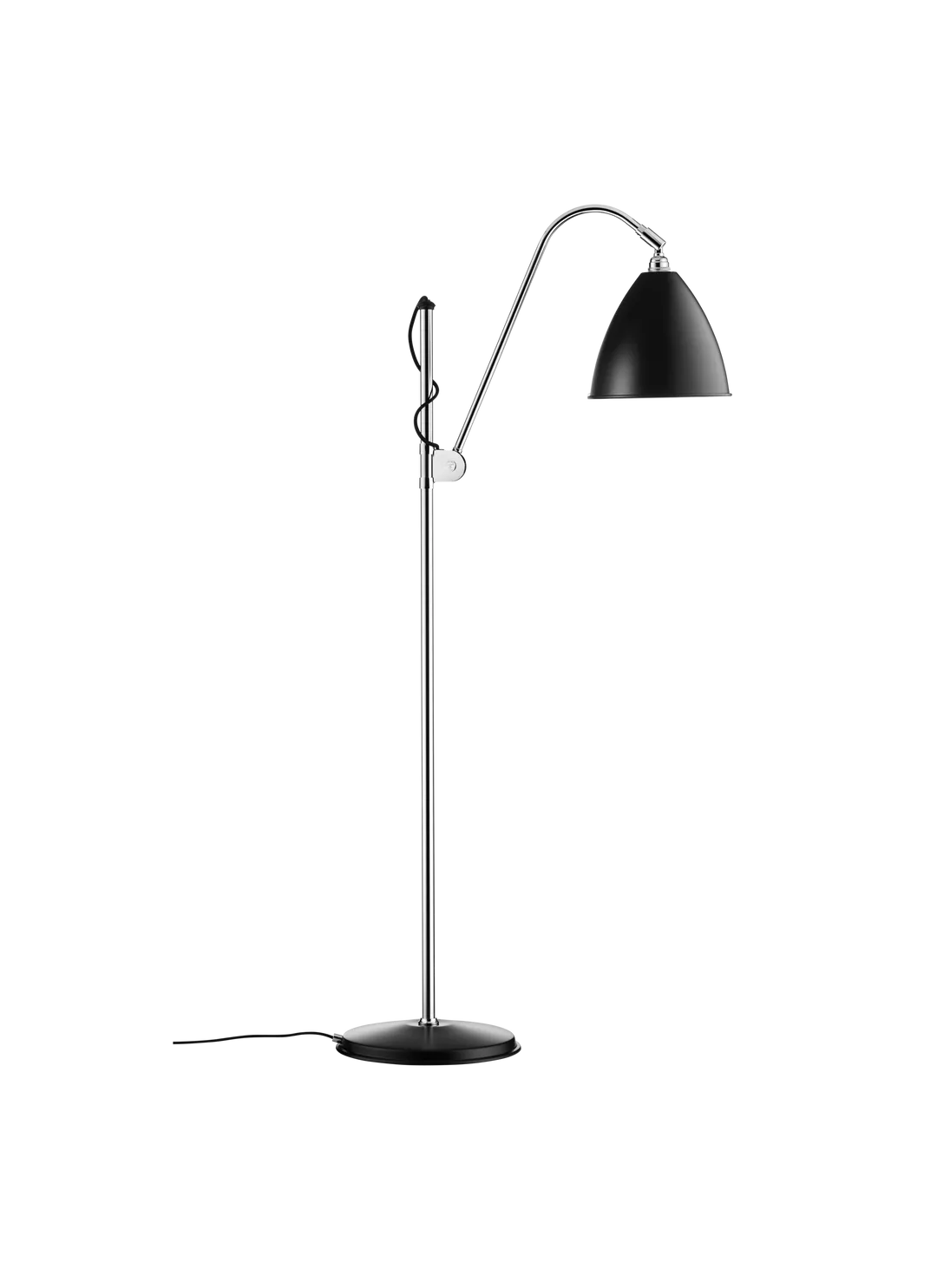 Gubi Bestlite BL3 floor lamp with black semi-matt finish and chrome accents, standing 16 cm tall, modern lighting design.