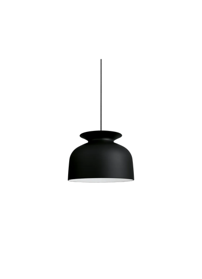 Gubi Ronde Pendant light with matte pigeon grey finish, modern spherical lighting fixture hanging from ceiling.
