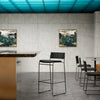 Hinoki Bend Goods square-shaped wooden barstool with black metal legs, modern seating for kitchen or bar area.