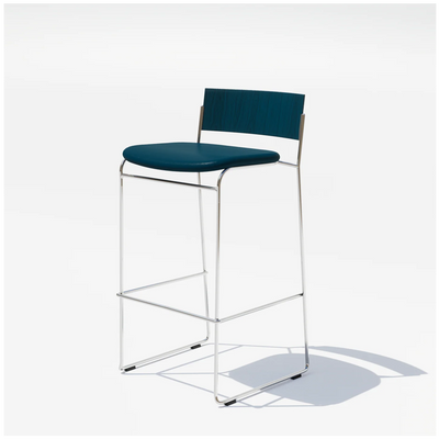 Hinoki Barstool by Bend Goods featuring a sleek, modern seating design with a chrome finish and wooden accents.