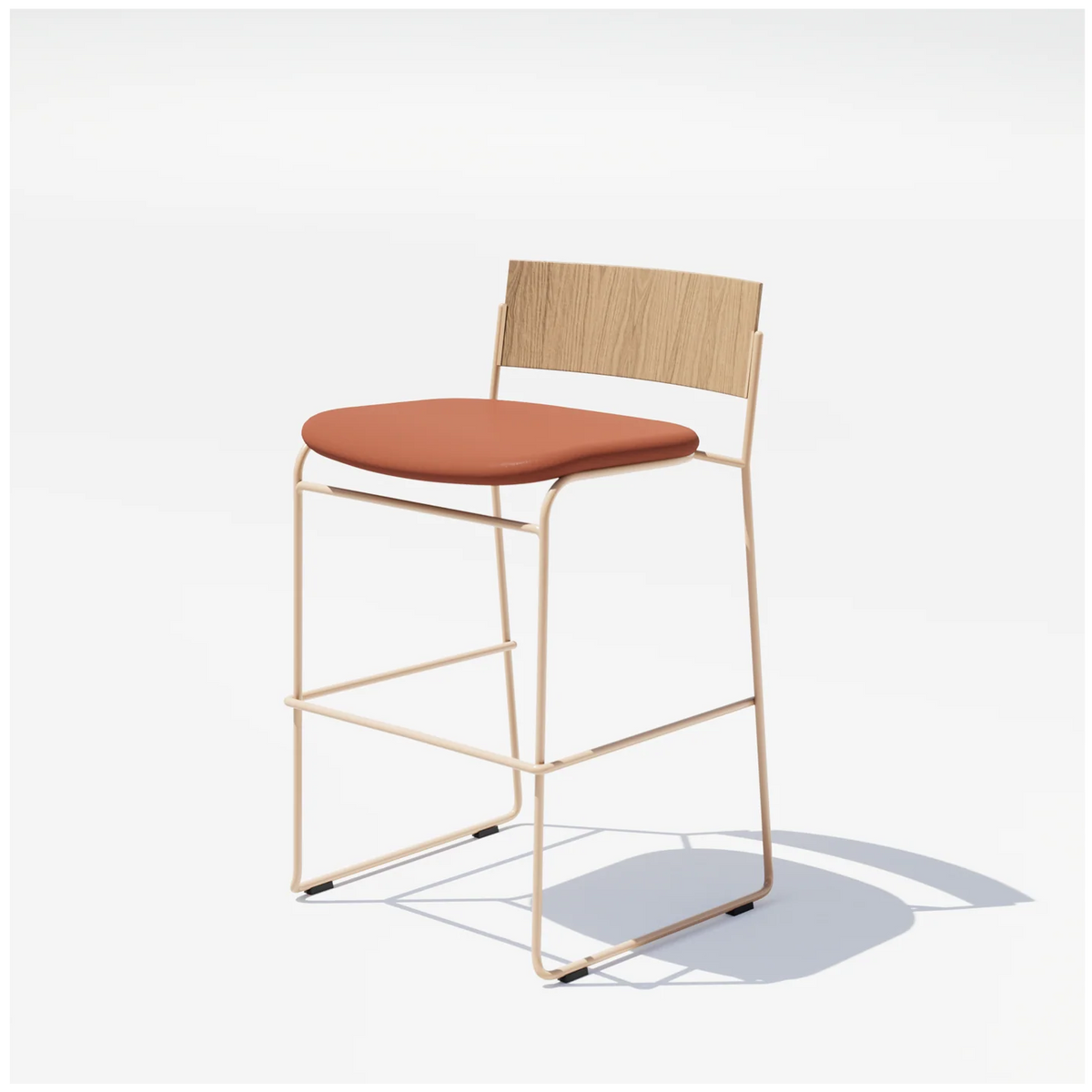 Hinoki counter stool by Bend Goods with a tan wooden seat and black metal legs, modern seating for kitchen or bar area.