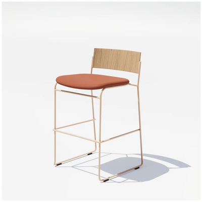 Hinoki counter stool by Bend Goods with a tan wooden seat and black metal legs, modern seating for kitchen or bar area.