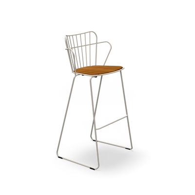 White PAON bar chair by Houe featuring a sleek, modern seating design with a curved backrest and sturdy metal legs.
