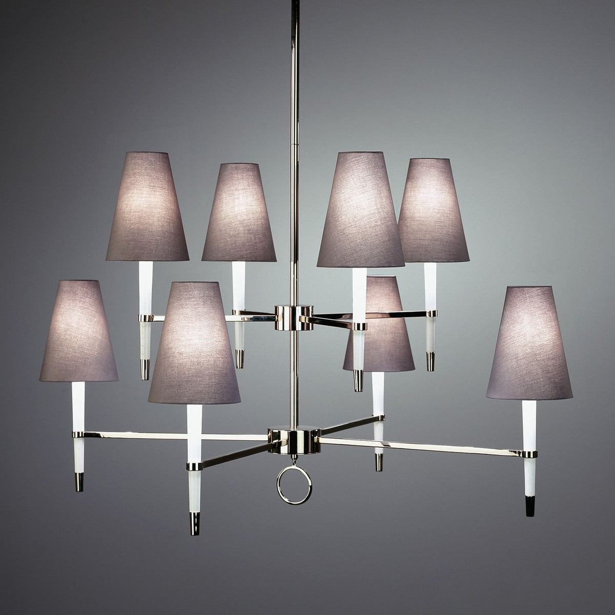 Jonathan Adler Ventana two-tier chandelier with antique brass finish, featuring multiple light fixtures and elegant design.