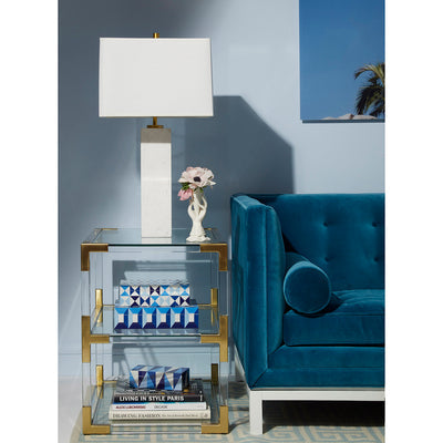 Jonathan Adler Jacques Two Tier Side Table with nickel finish, featuring two levels of surface space and sleek modern design.