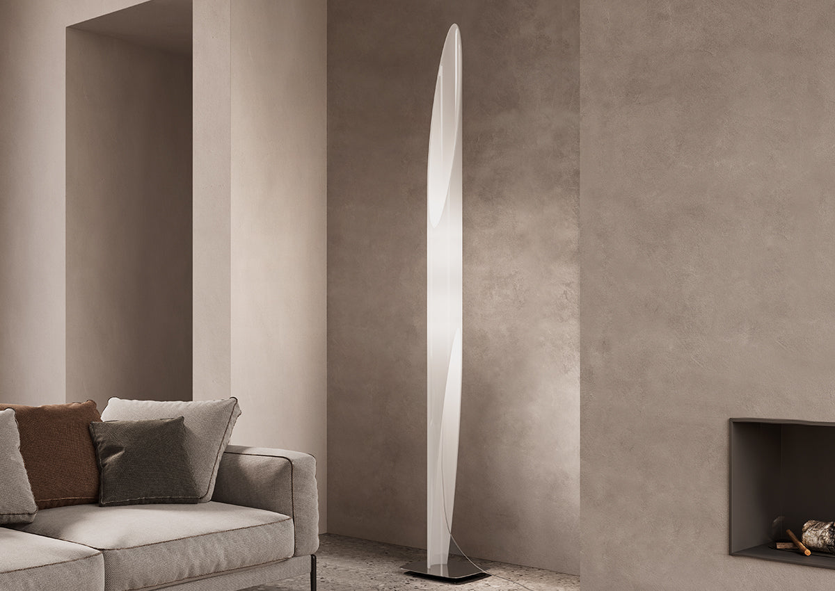 White satin-based lighting fixture from Shakti by KDLN, showcasing a sleek and modern design.