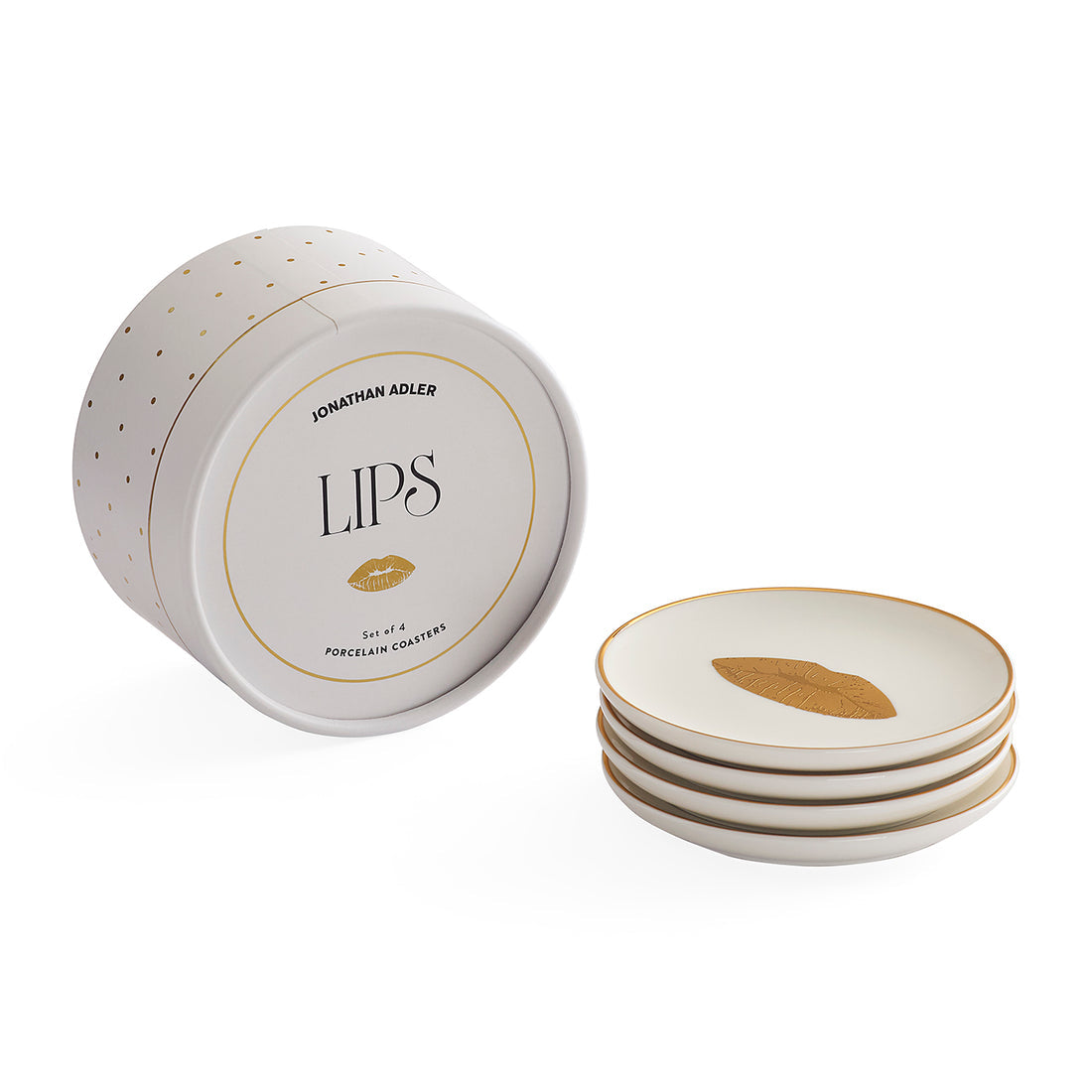 Set of four Lips Coasters by Jonathan Adler, stylish accessory featuring bold lip print designs for protecting surfaces.