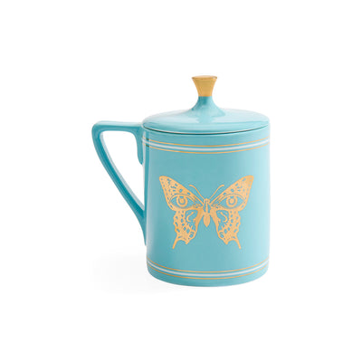 Jonathan Adler Mariposa Mug featuring colorful butterfly design on white ceramic for stylish coffee or tea enjoyment.