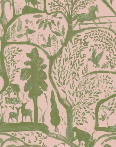 Close-up of THE ENCHANTED WOODLAND Dawn Wallpaper by Mindthegap, showcasing intricate woodland design and soft natural tones.