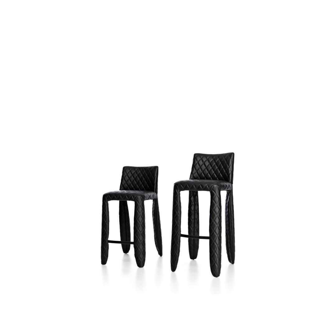 Monster Barstool by Moooi, modern seating with a distinctive low diamond shape, featuring bold design and vibrant upholstery.