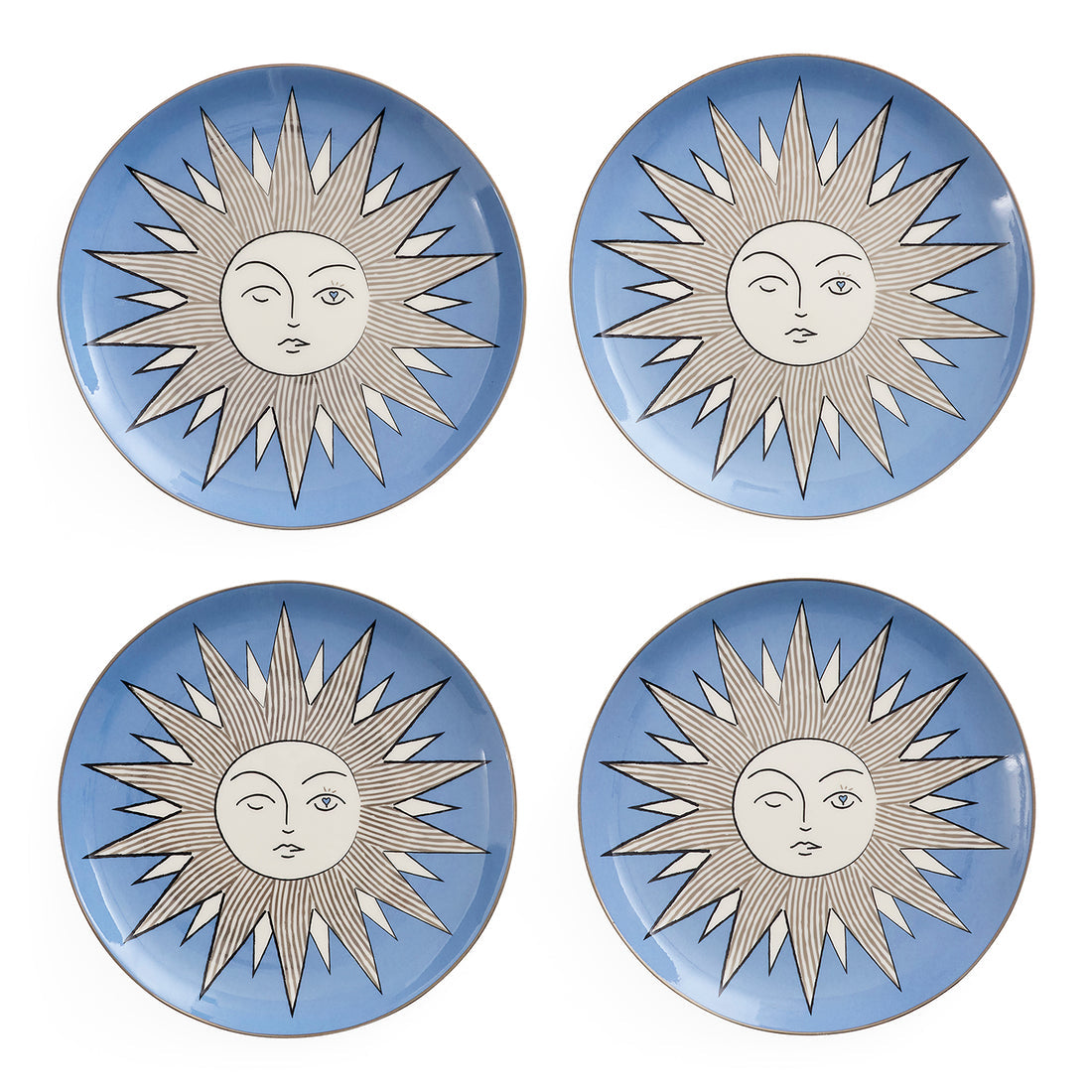 Set of four Muse Sun small plates by Jonathan Adler, colorful ceramic accessories with a sunburst design.