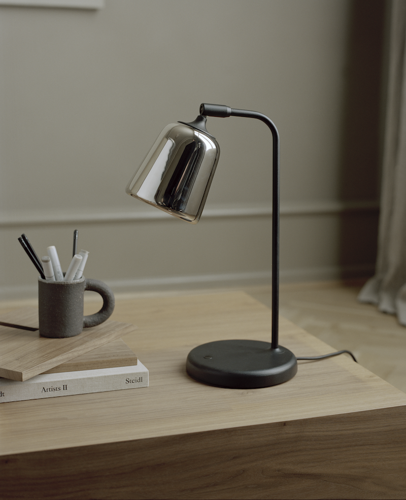 Material Table Lamp by New Works featuring natural cork base and minimalist design, ideal for modern lighting accents