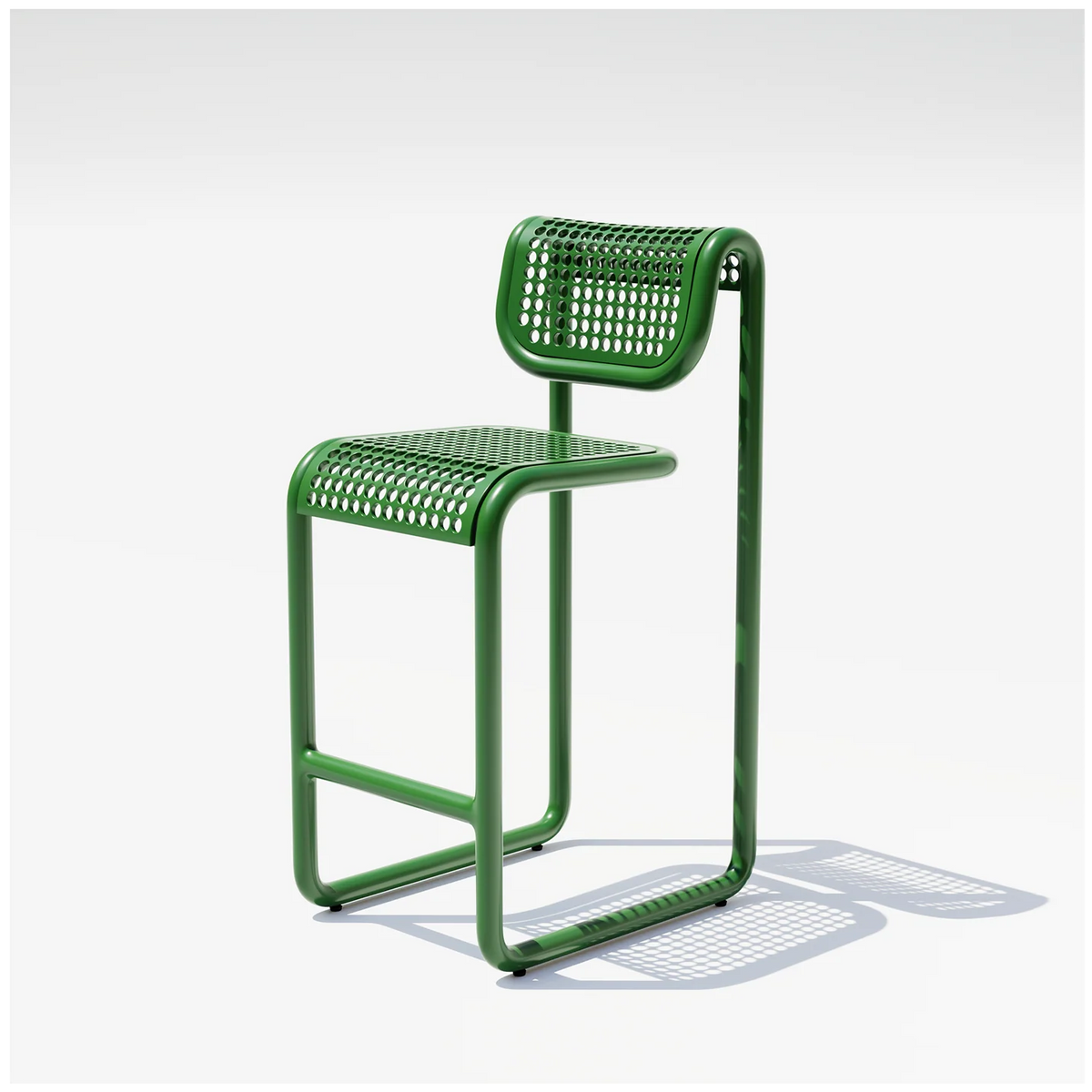 Green Outdoor Tube Barstool by Bend Goods, modern seating with tubular design, suitable for outdoor patios and bars.