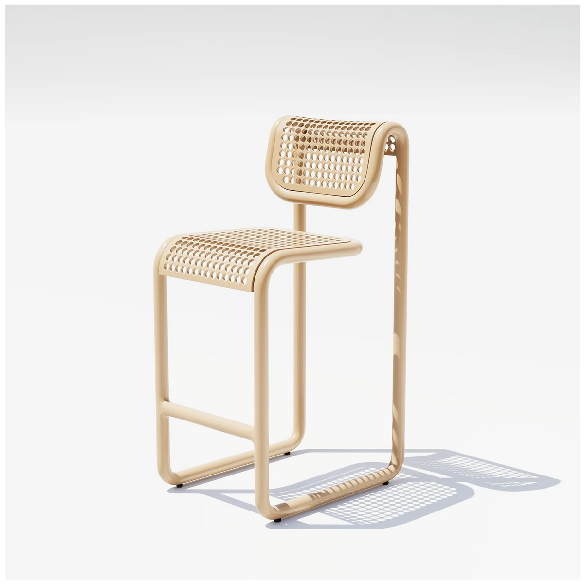 Outdoor Tube Barstool by Bend Goods, tan-colored seating with a tubular metal frame, designed for outdoor use.