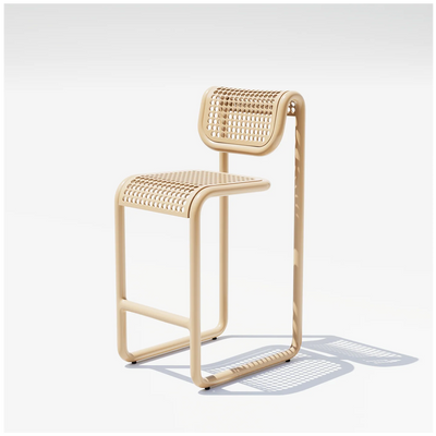 Outdoor Tube Barstool by Bend Goods, tan-colored seating with a tubular metal frame, designed for outdoor use.