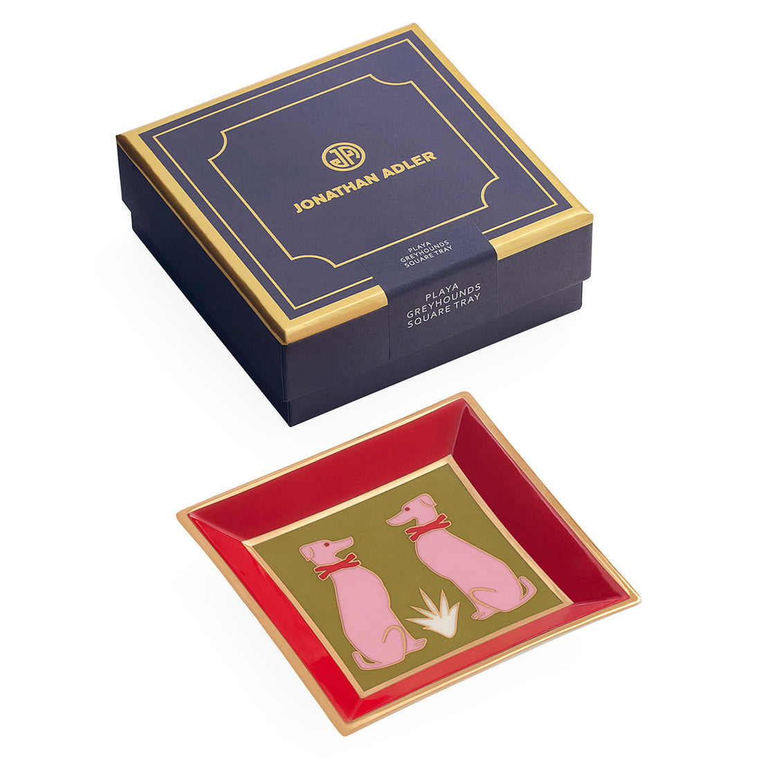 Jonathan Adler Playa Greyhounds square tray, stylish accessories with a greyhound design, perfect for decorative or functional use.